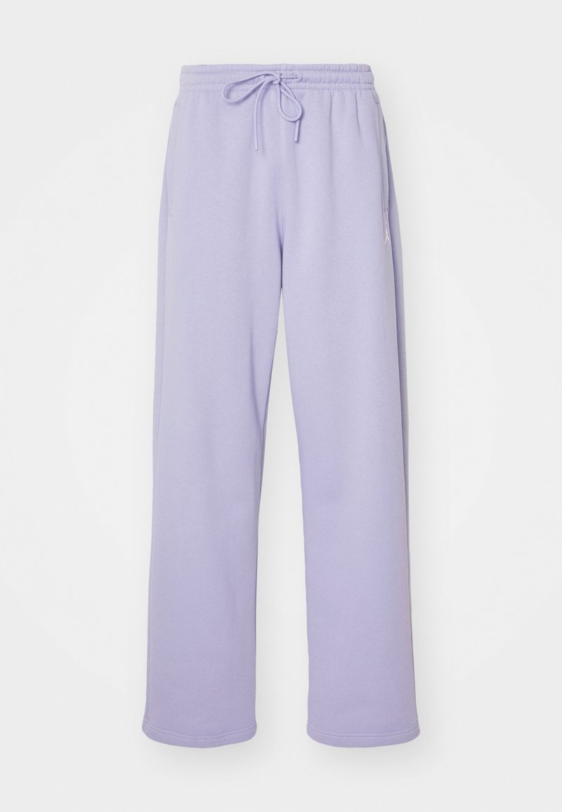 Pantalon de survêtement violet avec taille élastique et cordon de serrage. Tissu doux, coupe droite et poches latérales. Texture lisse.