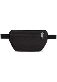 Schwarze Nylon-Gürteltasche mit einem Reißverschluss oben, ausgestattet mit einem strukturierten Chevron-Muster und einem seitlichen Riemen zur verstellbaren Trageweise.