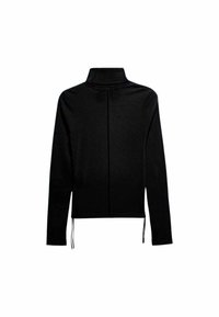 Haut noir à manches longues avec col montant, présentant une coupe droite, un tissu texturé et des cordons de serrage ajustables à l'ourlet.