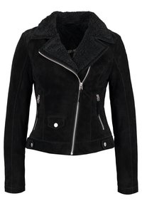 Giacca in suede nera con colletto in shearling, chiusure con zip, tasche frontali e design aderente. Materiale testurizzato con accenti lisci.