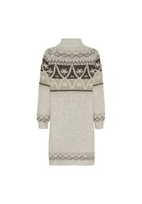 Strikket sweaterkjole i creme med grå og olivengrønne geometriske mønstre, høj halsudskæring og trekvartærmer med ribbet manchetter.
