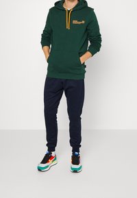 Felpa verde con cappuccio e cordini arancioni, tasca frontale, abbinata a pantaloni jogger blu navy e scarpe sportive multicolori.