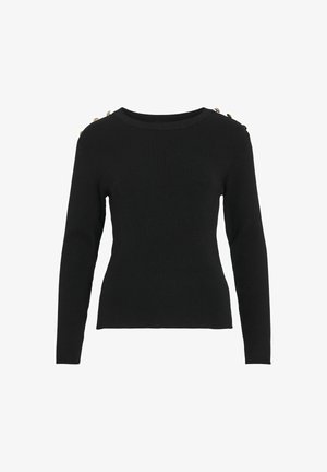 Melnas ribotu piedurkņu garās piedurknes džemperis ar apaļu kakla izgriezumu un zelta pogu akcentiem uz pleciem. Mīksts tekstūras materiāls, piegulstoša silueta.