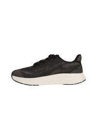 Zapatillas deportivas negras con un upper de tela texturizada, que presentan un diseño elegante, entresuela blanca y suela negra; estilo con cordones y patrones sutiles.