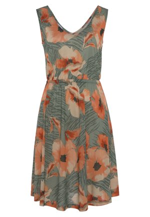 Floral dress with a V-neck and sleeveless design. Features orange flowers on a green background, soft fabric, and a gathered waist.