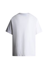 T-shirt bianca semplice a maniche corte vista da dietro con una scollatura rotonda semplice e una vestibilità regolare.