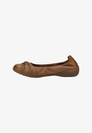 Braune Leder-Balletschuhe mit einem geknoteten Detail an der Spitze und einer flexiblen Gummisohle. Glatte Textur und ein flaches Design.