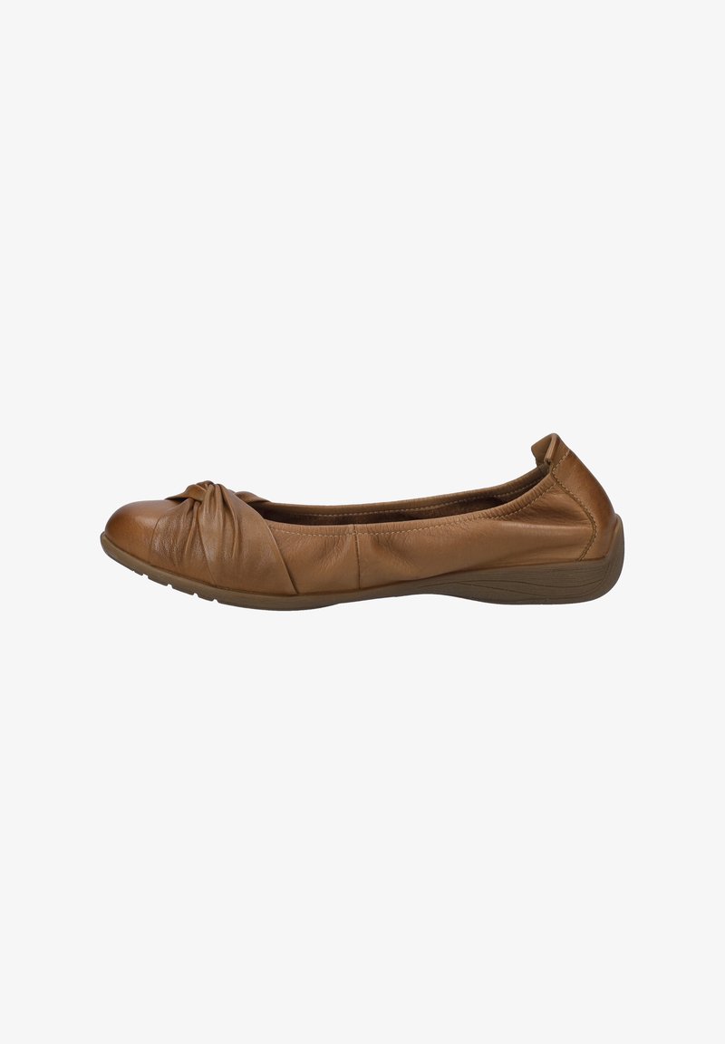 Ballerines en cuir marron avec un détail noué à l'orteil et une semelle en caoutchouc flexible. Texture lisse et design discret.
