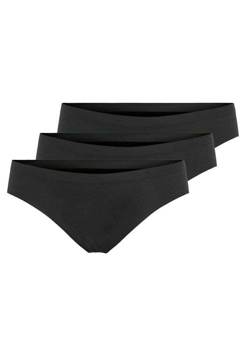 Čierne bikiny nohavičky, set troch kusov, s hladkým, elastickým materiálom, stredne vysokým strihom a širokým pásom pre pohodlie.