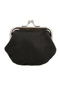 Black leather coin purse with a silver metal frame, rounded shape, and clasp closure. Smooth texture with subtle sheen.