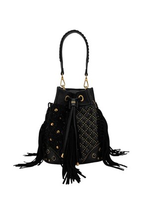 Black bucket bag featuring quilted texture with gold studs, fringe accents, and a braided handle. Made of a combination of materials.