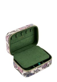 Floral-patterned jewelry case with a green velvet interior, featuring compartments for storage, zip closure, and pink accent flowers.