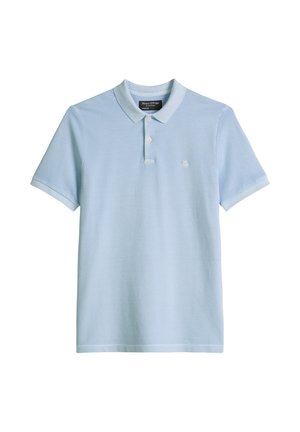 Light blue short-sleeve polo shirt with two white buttons, a collar, and a small embroidered "M OP" logo on the chest.
