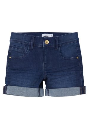 Dunkelblaue Jeansshorts mit umgeschlagenen Säumen, vorne mit Knopfleiste, Gürtelschlaufen und Vordertaschen mit goldfarbenen Nietenakzenten.