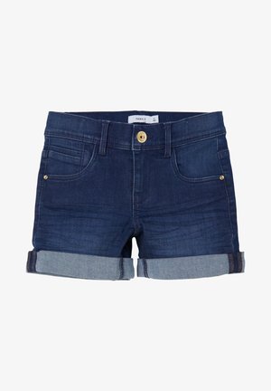 Granatowe szorty denimowe z podwiniętymi brzegami, zapięciem na guziki z przodu, szlufkami na pasek i przednimi kieszeniami ozdobionymi złotymi nitami.