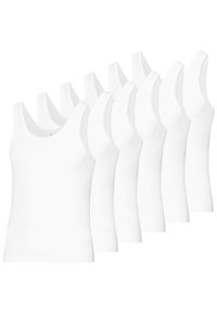 Set of seven white tank tops, featuring a scoop neckline, slim fit, made from soft cotton fabric with no visible patterns or accents.