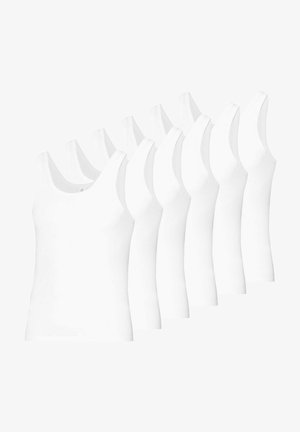 Set von sieben weißen Tanktops mit Rundhalsausschnitt, schmaler Passform, aus weichem Baumwollstoff ohne sichtbare Muster oder Verzierungen.