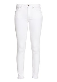 Jeans skinny de denim blanco con cintura de altura media, diseño de cinco bolsillos y cierre de botón. La tela tiene una textura suave y ligero estiramiento.