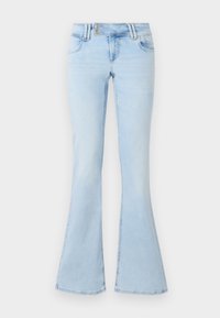 Jeans évasés bleu clair en denim, présentant une taille mi-haute, cinq poches et une fermeture à bouton en métal avec un motif de couture classique.