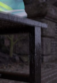 Close-up of turquoise and neon yellow sneaker stepping onto a wet, dark wooden bench outdoors with stone wall background.