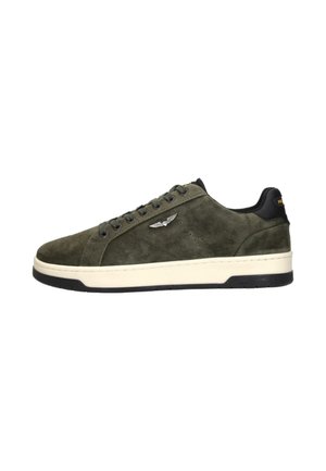Dark green suede low-top sneaker with black heel tab, white sole, and silver wing-shaped logo on side.