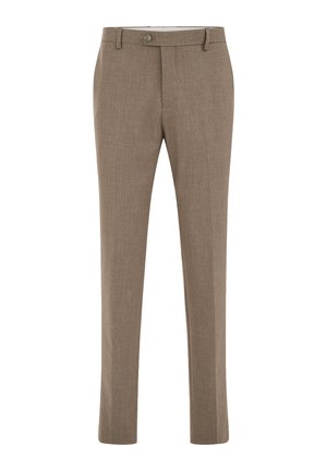 Barna, testre szabott, formális nadrág övbújtatókkal, gombos zárral és karcsú, egyenes szárú szabással.