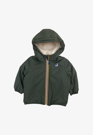 Groene peuter capuchonjas met fleecevoering, elastische manchetten en een meerkleurige gestreepte rits aan de voorkant met een K-Way logo op de borst.