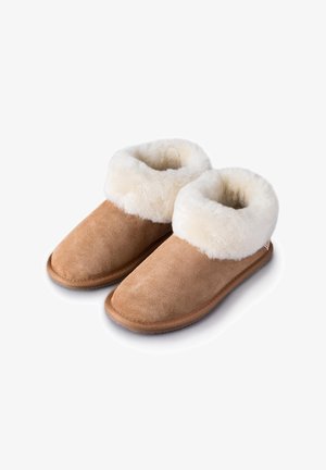 Tan suede slippers with a fluffy white fur collar. Flat rubber sole, rounded toe design, and minimalist construction.