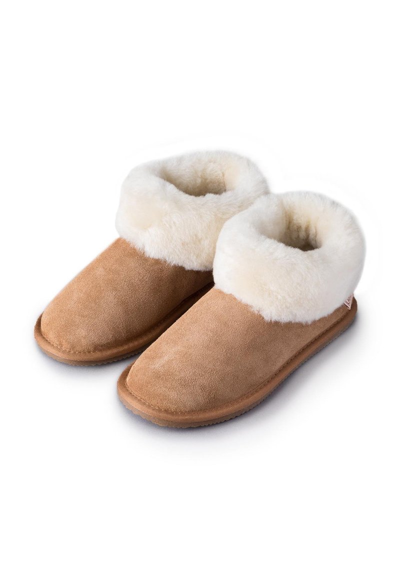 Tan suede slippers with a fluffy white fur collar. Flat rubber sole, rounded toe design, and minimalist construction.