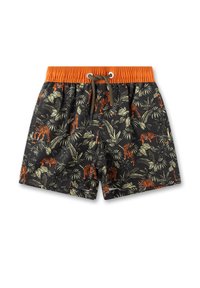 Schwarze Schwimmshorts mit einer orangefarbenen Kordel und einem Allover-Muster aus Tigern und tropischen Blättern. Hergestellt aus leichtem Material.