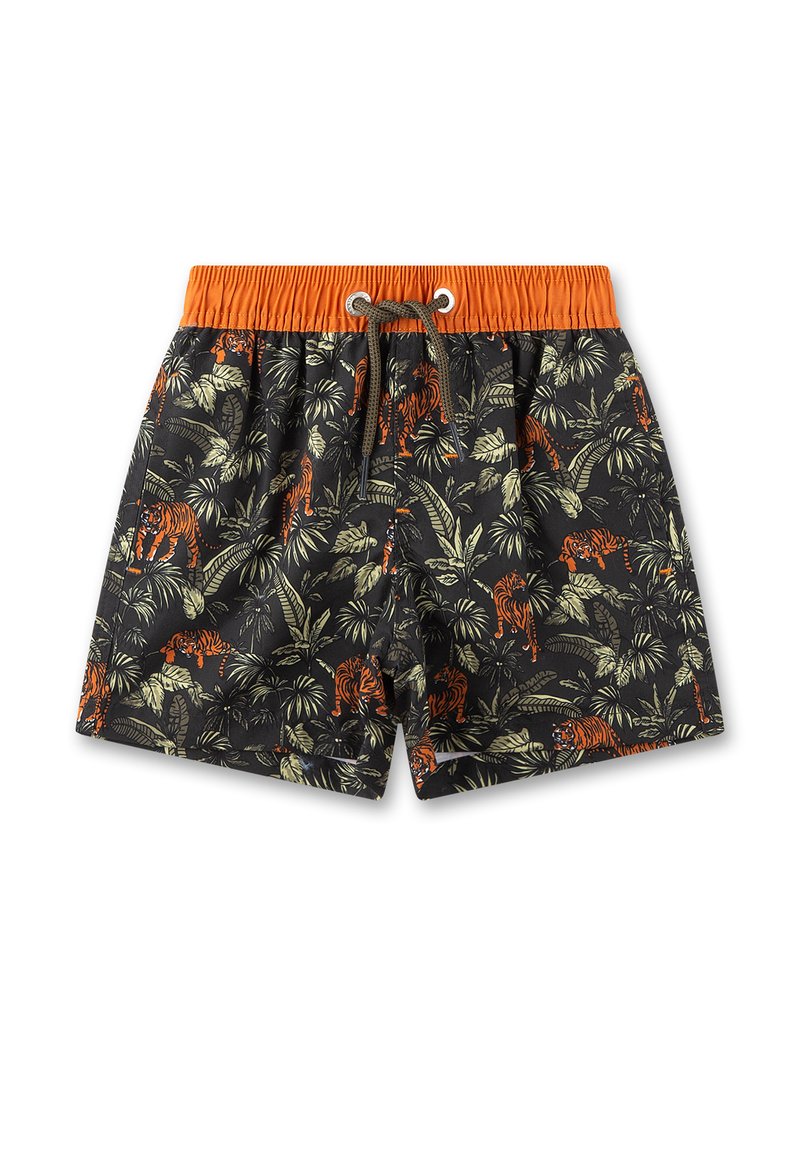 Schwarze Schwimmshorts mit einer orangefarbenen Kordel und einem Allover-Muster aus Tigern und tropischen Blättern. Hergestellt aus leichtem Material.