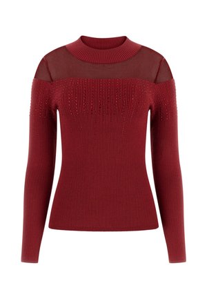 Maglione bordeaux a maniche lunghe con costine, con parte superiore del petto e spalle trasparenti, decorato con applicazioni verticali di perline sul davanti e sulle maniche.