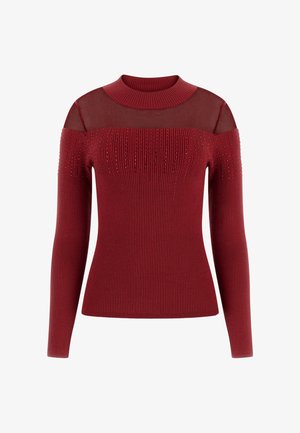 Maglione bordeaux a maniche lunghe con costine, con parte superiore del petto e spalle trasparenti, decorato con applicazioni verticali di perline sul davanti e sulle maniche.