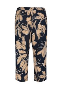 Navy cropped pants made from lightweight fabric featuring a tan floral pattern, elastic waistband, and loose fit for comfort.