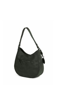 Tmavě zelená kožená hobo taška s jedním ramenním popruhem, horním otevíráním a přední kapsou na zip. Hladký povrch s minimem kovových detailů.