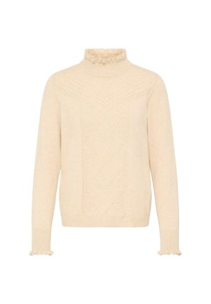 Crèmekleurige trui met een hoge geraffineerde halslijn, een gestructureerd ruitjespatroon aan de voorkant en gerimpelde mouwen. Zacht gebreid materiaal.