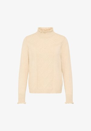 Crèmekleurige trui met een hoge geraffineerde halslijn, een gestructureerd ruitjespatroon aan de voorkant en gerimpelde mouwen. Zacht gebreid materiaal.