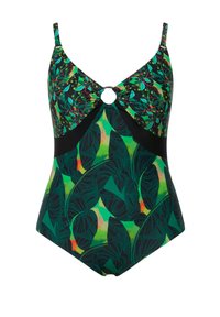 Maillot de bain une pièce avec un motif de feuilles vertes, des accents noirs, un anneau central rond et des bretelles réglables. Texture de tissu lisse.