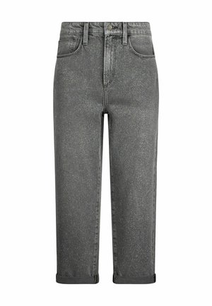 Jeans en denim gris avec une texture scintillante, design à jambes droites, cinq poches et ourlets retournés, avec une fermeture à bouton et à glissière.