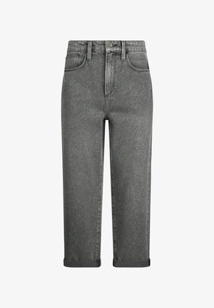 Jeans din denim gri cu o textură strălucitoare, design cu picioare drepte, cinci buzunare și tivuri întoarse, dotate cu un închizător cu buton și fermoar.