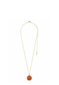 Gul kedja med halsband med runt orange stenspänne och justerbar låsning med liten varumärkesetikett.