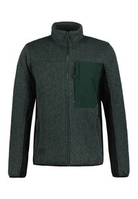 Fleecefáč v tmavě zelené barvě s texturovaným pletením, černými bočními panely a kapsou na zip na hrudi. Vysoký límec a přední zip.