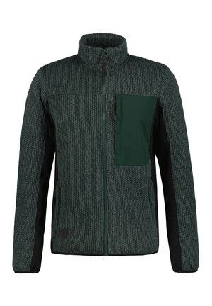 Fleece-Jacke in dunklem Grün mit strukturiertem Strick, schwarzen Seiteneinsätzen und einer zipbaren Brusttasche. Hoher Kragen und Frontreißverschluss.
