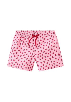 Pantaloncini rosa con vita elasticizzata e coulisse rossa, coperti da un motivo ripetuto di piccole fragole rosse con foglie verdi.