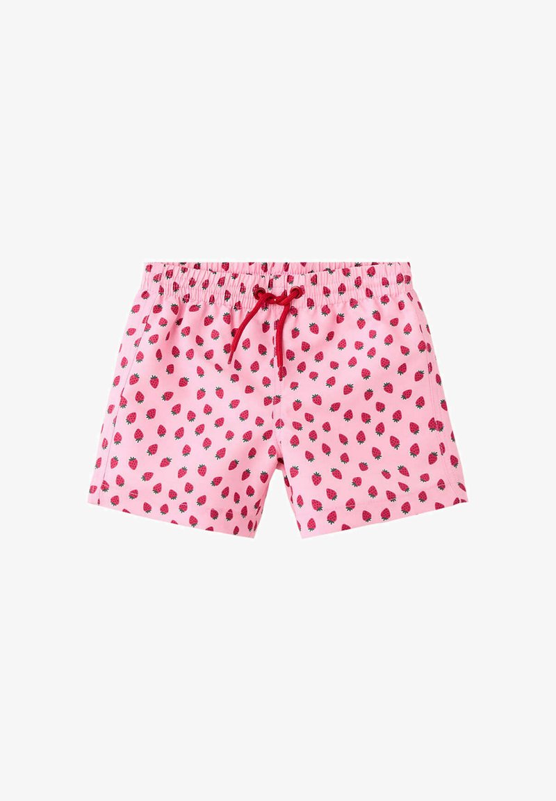Shorts roses avec taille élastique et cordon rouge, couverts d'un motif répétitif de petites fraises rouges avec des feuilles vertes.