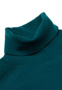 Türkiser Rollkragenpullover mit geripptem Kragen, weicher Textur und schmalem Schnitt. Verfügt über eine nahtlose Schulterintegration und klare Linien.