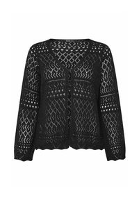 Schwarzer Strickcardigan mit V-Ausschnitt, Knopfleiste und offenen Rautenmuster. Lange Ärmel mit gewellten Kanten.