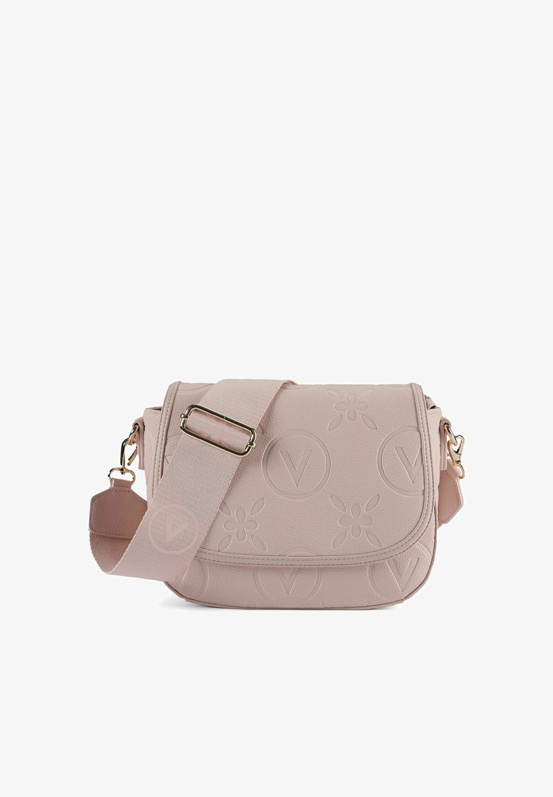 Borsa a tracolla in ecopelle rosa con motivi floreali e logo in rilievo, dotata di tracolla removibile e dettagli in metallo color oro.