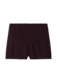 Burgundy velvet shorts with a smooth texture, featuring a simple design and a clean cut at the hem, no visible hardware or patterns.