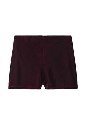 Burgundy velvet shorts with a smooth texture, featuring a simple design and a clean cut at the hem, no visible hardware or patterns.
